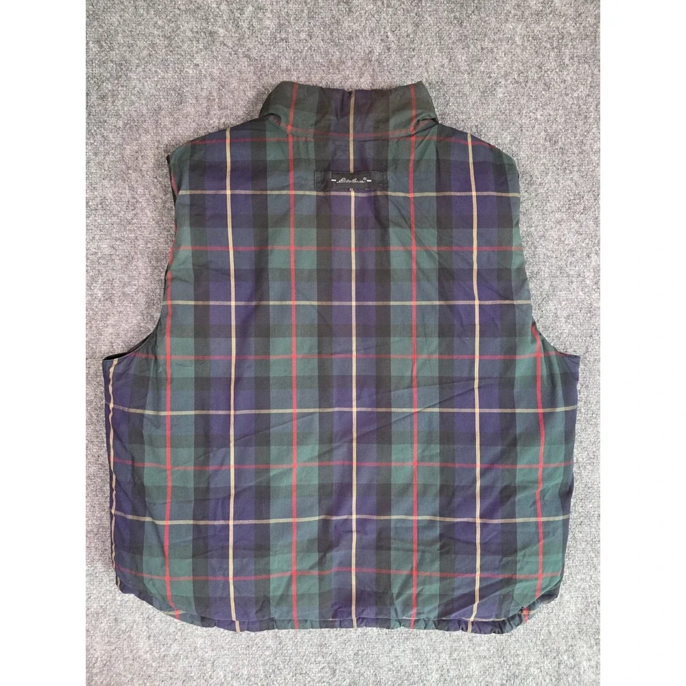 Eddie Bauer Puffer Vest Mens XL Black Plaid Reversible Quilted Full Zip Gilet